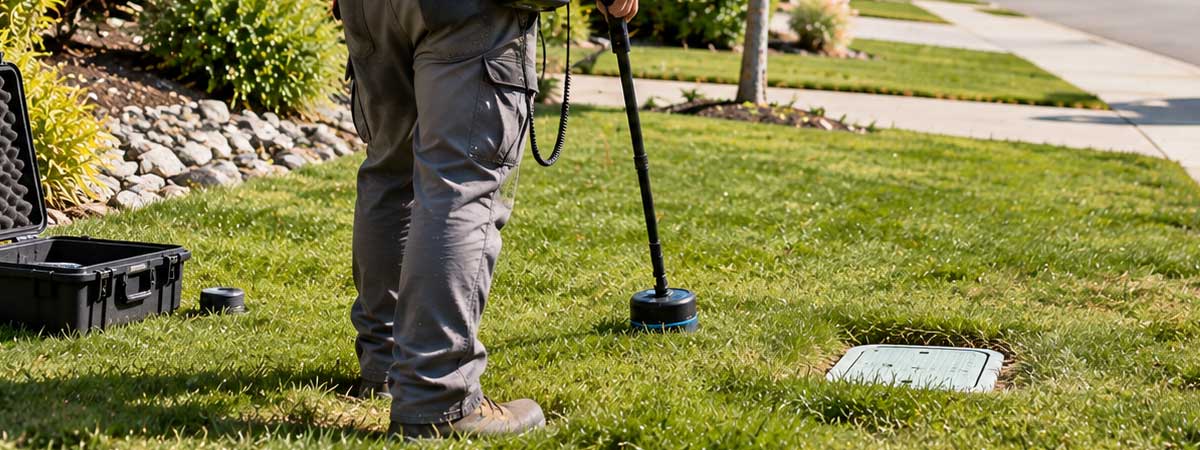 Residential yard being inspected for signs of an underground water line leak
