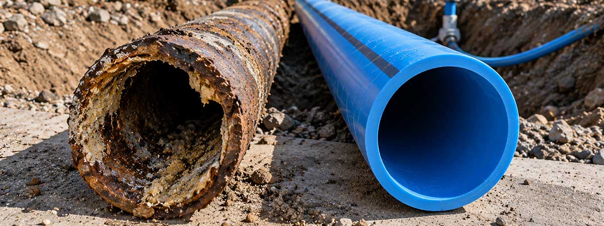 Older residential underground water service exposed for inspection
