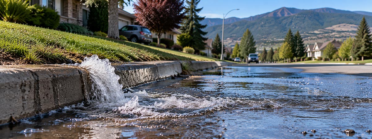 Wet ground near a residential property that may indicate an underground water line leak
