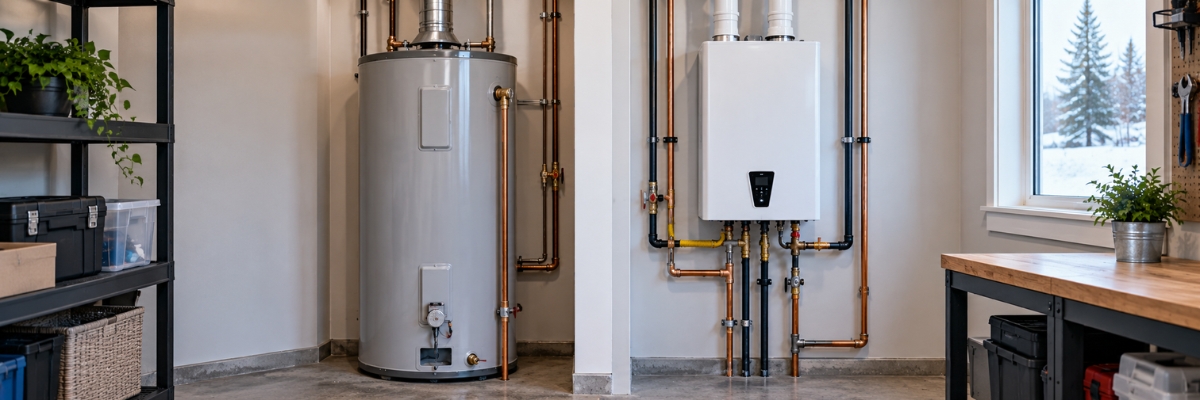 Tank and tankless water heating systems being compared for a residential installation
