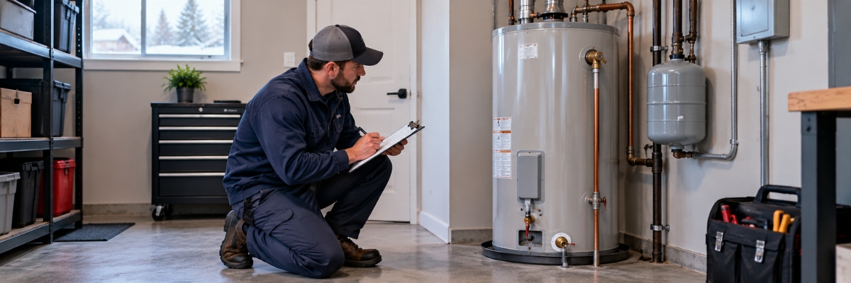 Residential water heater being assessed to determine whether repair or replacement is needed
