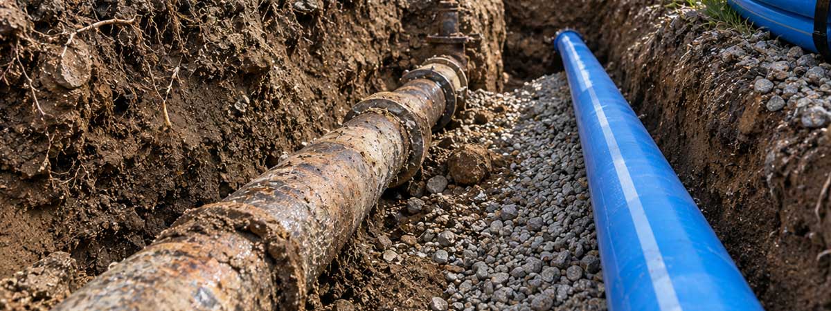 Underground water line exposed to assess whether repair or replacement is needed