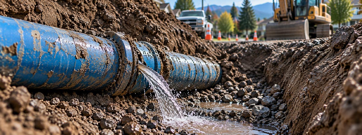 Damaged underground residential water line exposed for inspection