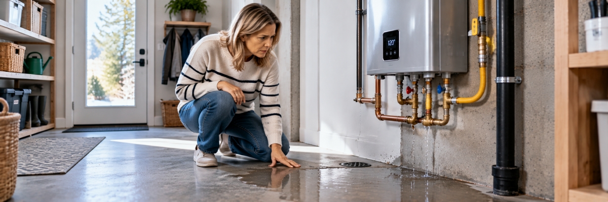 Water around the base of a residential water heater being inspected for a leak
